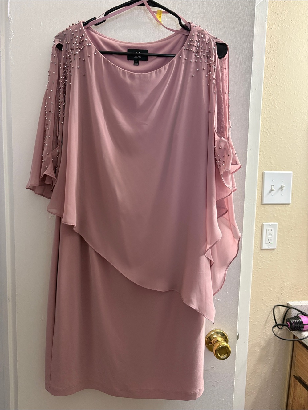 Xscape Dusty Pink Beaded Cold-Shoulder Midi Dress